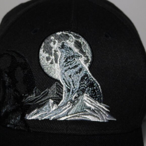Country Leather Black Gray Silver WOLF Howling at Moon Embroidered Hat Cap - Picture 3 of 8